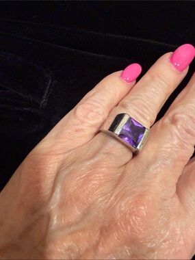 Sterling Silver Ring with Purple Square Gemstone - Women Jewelry